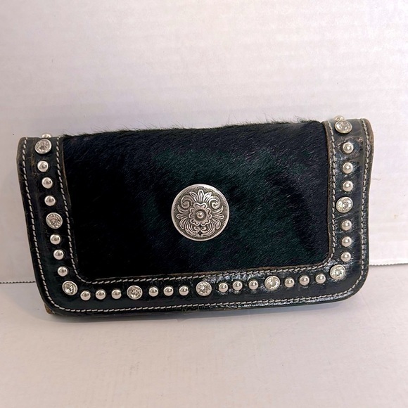 American West pony hair studded diamonds Tri-fold Wallet - black/ distressing - Picture 1 of 12